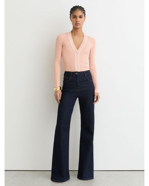 Reiss Blue Lauri - Pink/ivory Craft-stitch Rib-knit Top, L (us 12-14)
