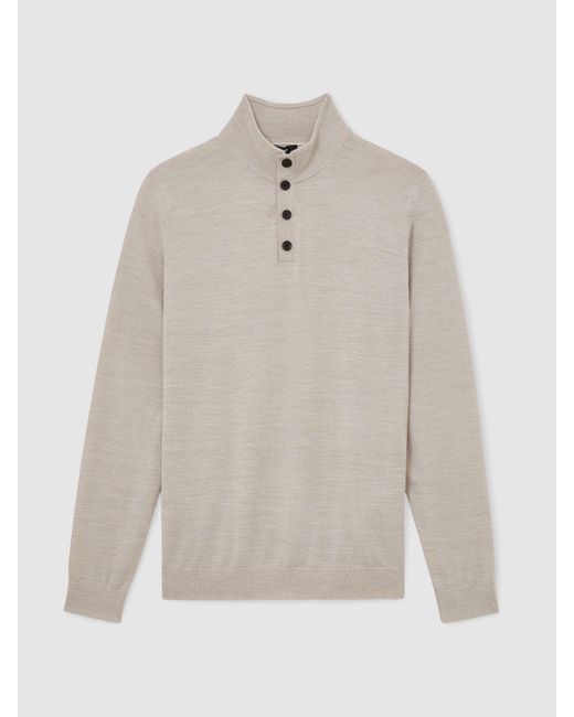 Reiss Gray Merino Wool Funnel-Neck Half-Button Jumper for men