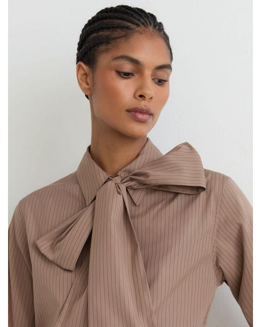 Reiss Brown Cotton Striped Tie-Neck Shirt