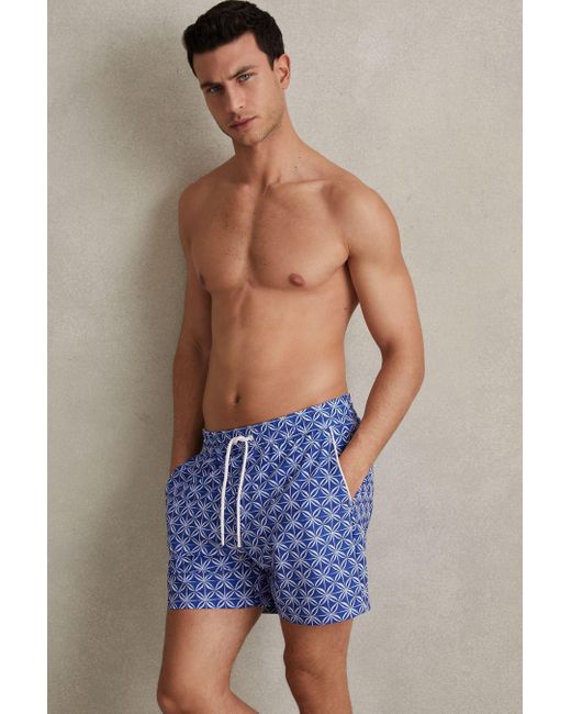 Reiss Fraser - Bright Blue/white Geometric Print Drawstring Swim Shorts for men