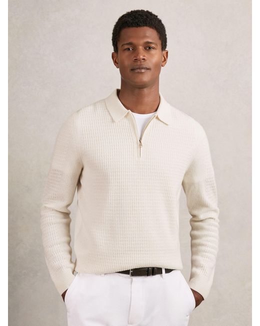 Reiss Natural Wool Waffle-Knit Half-Zip Polo Shirt for men