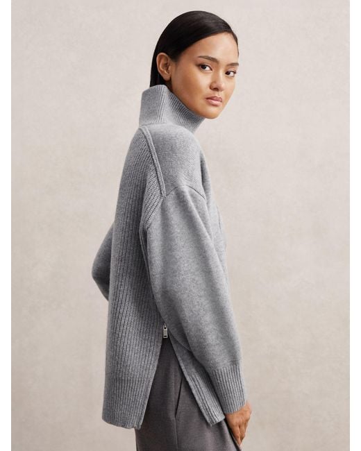 Reiss Gray Wool Zip-Detail Funnel-Neck Jumper