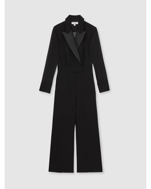 Reiss Black Sheer-Sleeve Tuxedo Jumpsuit