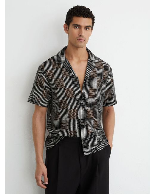 Reiss Gray Carlos - Black Checkerboard Crochet Cuban Collar Shirt, 2x-large for men