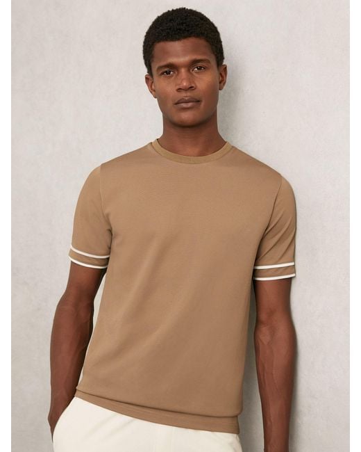 Reiss Natural Oscar - Camel Brown Textured Crew-neck Tipped T-shirt, S for men