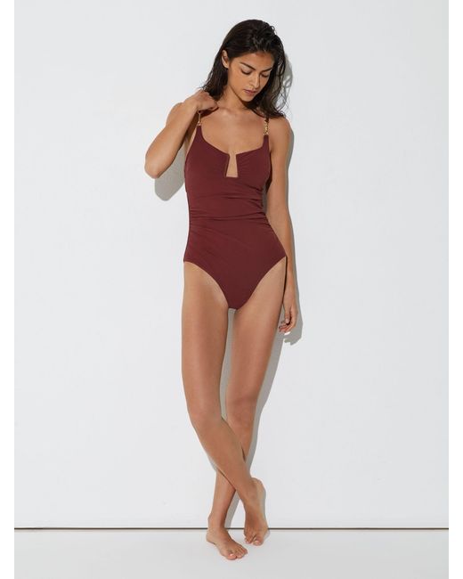 Reiss Green Cut-Out Detail Ruched Swimsuit