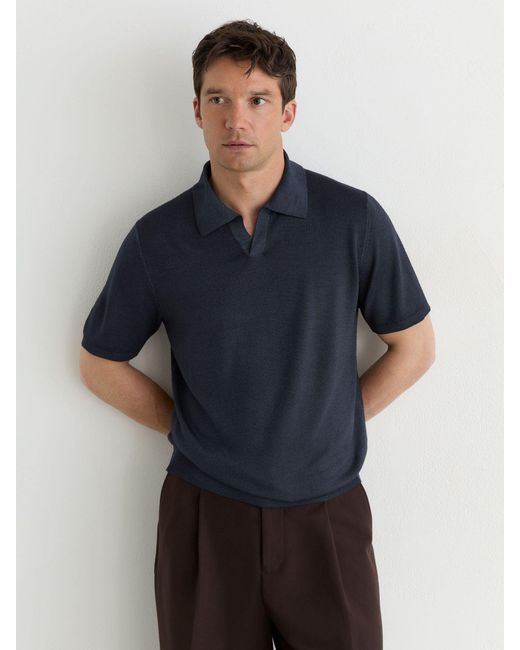 Reiss Blue Pigment-Dyed Merino Wool Open-Collar Polo Shirt for men