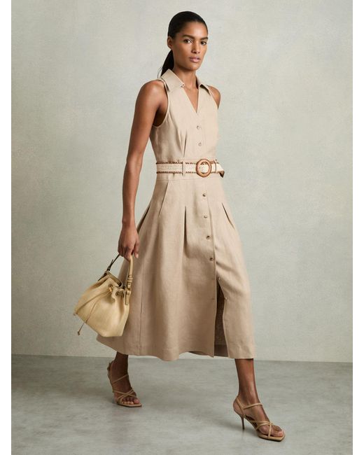 Reiss Women's Natural Petite Linen Belted Sleeveless Midi Dress