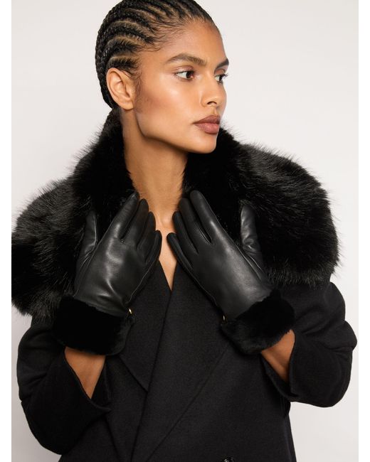 Reiss Black Shearling Cuff Leather Gloves, M & L