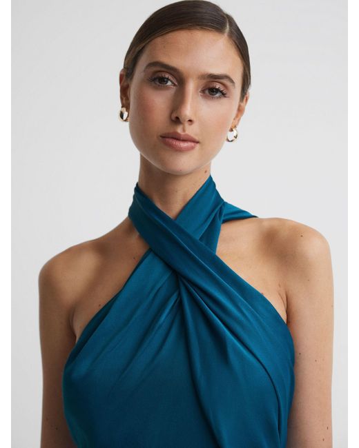 Reiss Blue Satin Halter Neck Fitted Midi Dress