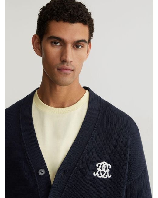 Reiss Blue Monogram-Embroidered Relaxed Cardigan for men