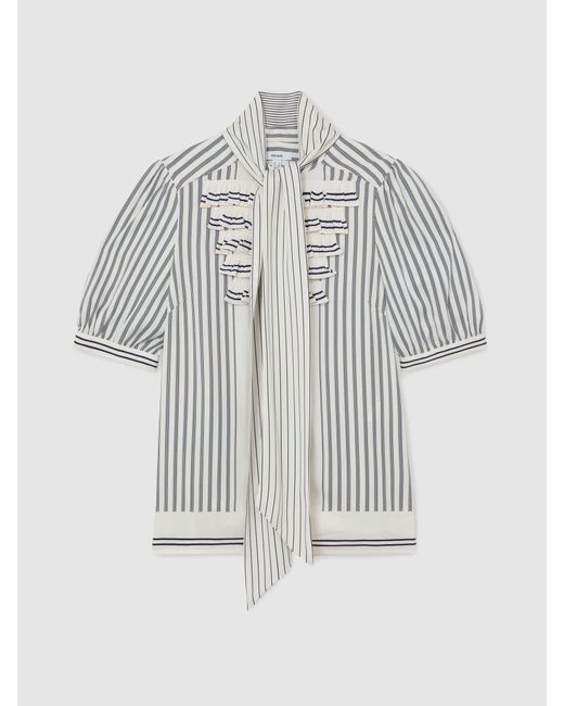 Reiss White Striped Ruffle-Trim Tie-Neck Blouse