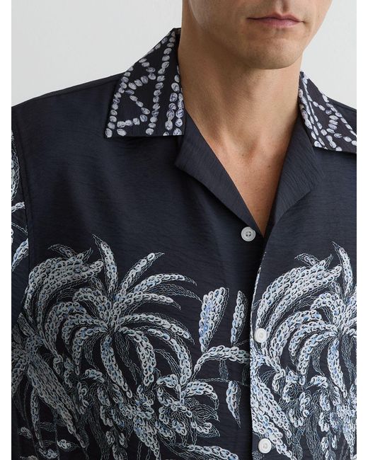 Reiss Blue Palm-Print Cuban-Collar Shirt for men