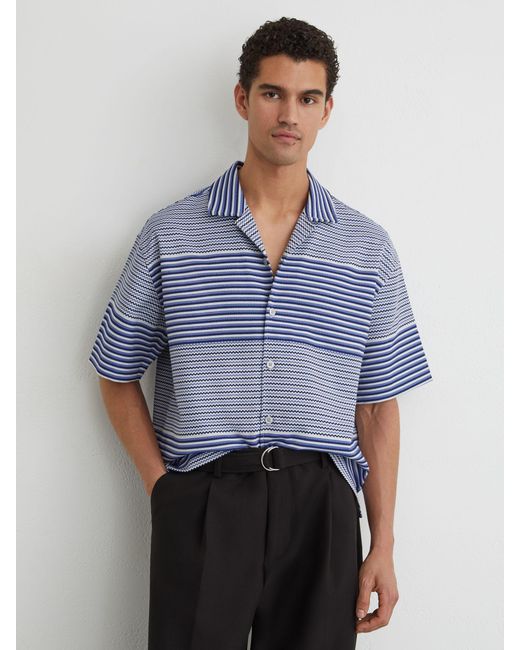 Reiss Solstice - Bright Blue Striped Cuban-collar Shirt With Cotton, M for men