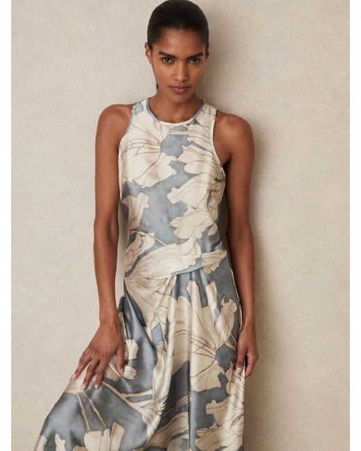 Reiss Natural Mieke - Blue Satin Floral Drape Midi Dress, Us 8