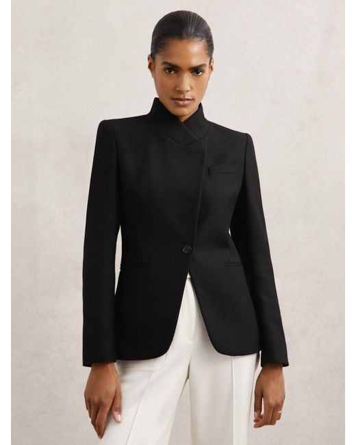 Reiss Black Wool-Blend Wrapover Blazer