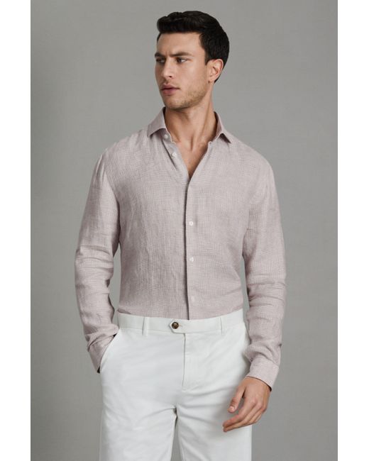 Reiss Gray Ruban - Oatmeal Puppytooth Linen Button-through Shirt for men
