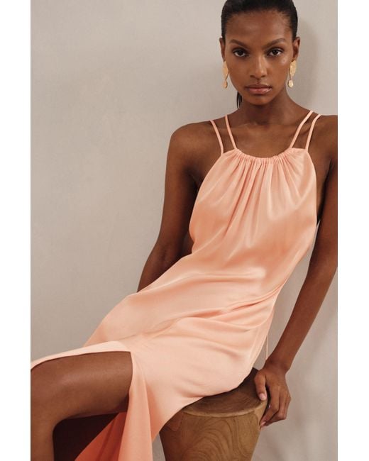 Reiss Brown Tallie - Peach Petite Satin Halterneck Maxi Dress, Us 10