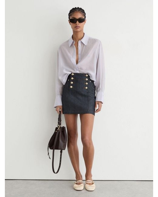 Reiss Skylar - Dark Blue Button-detail Denim Mini Skirt, Us 14