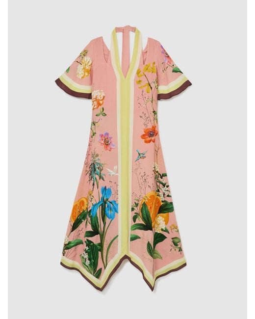 Reiss White Flossy - Pink Floral-print Cut-out Midi Dress, Us 4