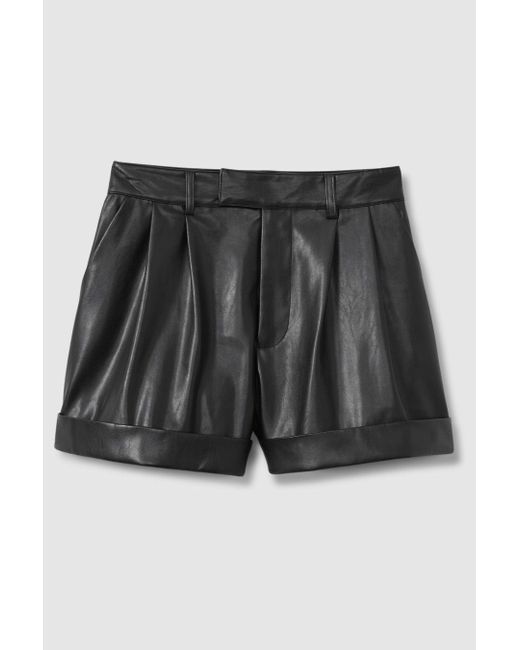 PAIGE Black Front Pleat Faux Fur Leather Shorts
