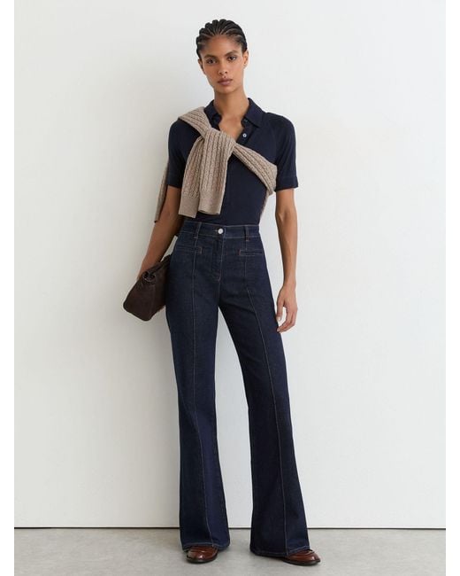 Reiss Blue Pintuck-Detail Flared Jeans