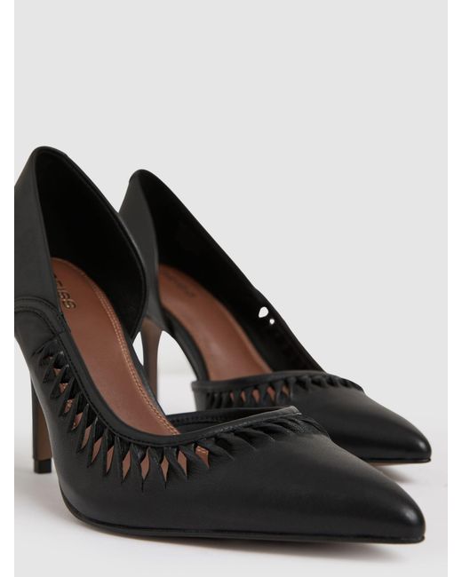 Reiss Black Marlene Leather Twist Detail Court Shoes