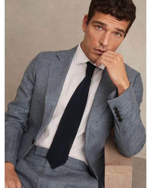 Reiss Gray Slim Fit Single Breasted Linen Check Suit Blazer for men