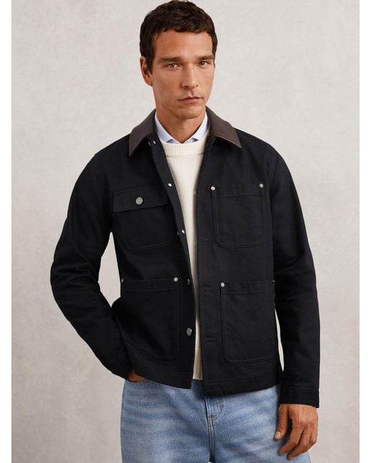 Reiss Black Denim Leather-Collar Worker Jacket for men