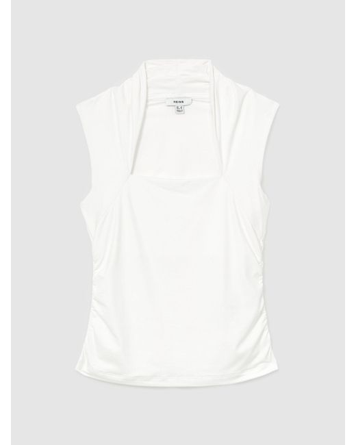 Reiss White Square-Neck Ruched Sleeveless Top