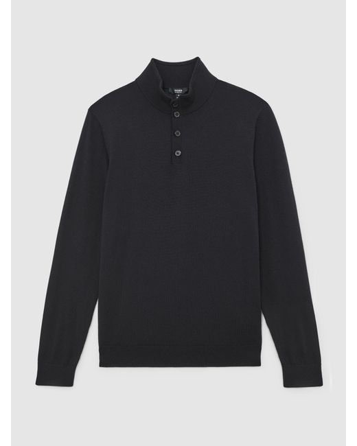 Reiss Black Merino Wool Half-Button Funnel Jumper for men