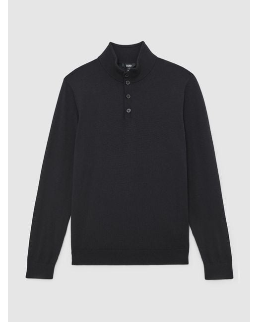 Reiss Black Wool Half-Button Funnel Jumper for men