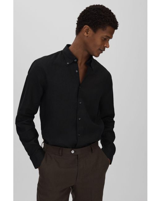 Oscar Jacobson Black Oscar Linen Button Down Collar Shirt for men