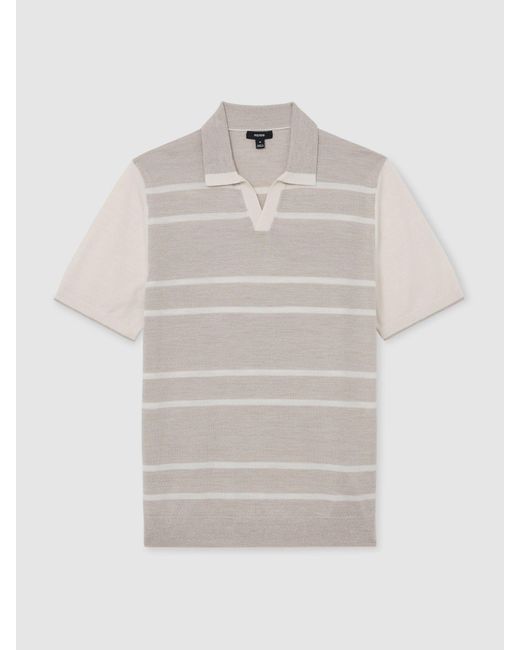 Reiss White Oatmeal & Merino Wool Striped-Knit Polo Jumper for men