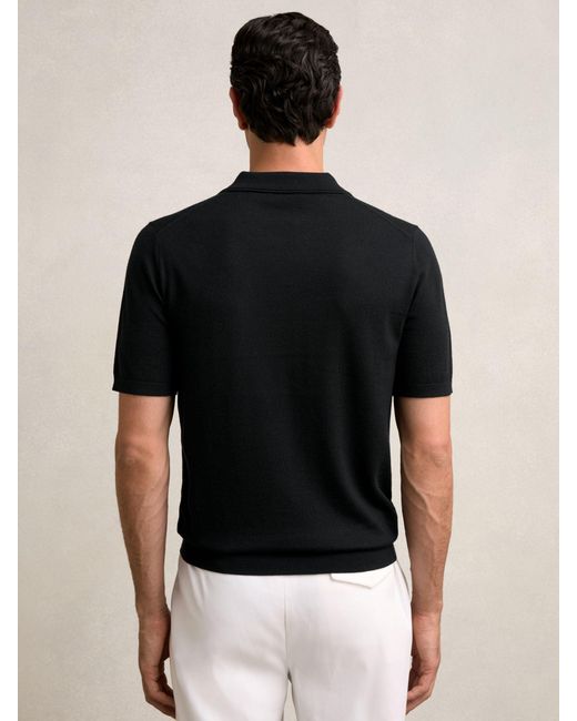 Reiss Black Merino Wool Open Collar Polo Shirt for men
