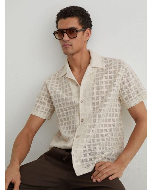 Reiss Natural Belardo - Off White Cotton-blend Crochet Tile-pattern Shirt, S for men