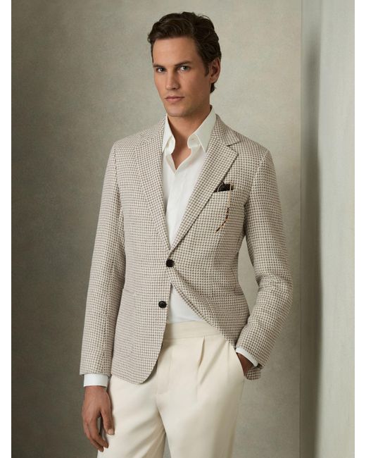 Reiss Multicolor Single-Breasted Dogtooth-Check Blazer Tailored-Fit Cotton-Linen for men