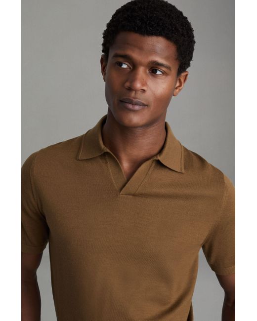 Reiss Duchie - Tobacco Brown Merino Wool Open Collar Polo Shirt, Xl for men