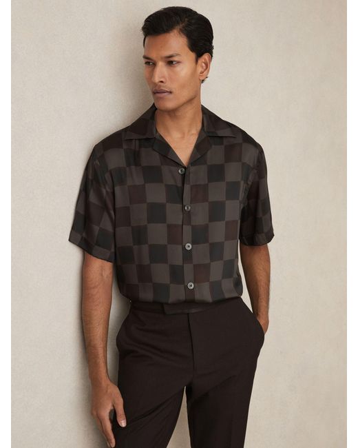 Reiss Black Chequered-Print Cuban-Collar Shirt for men
