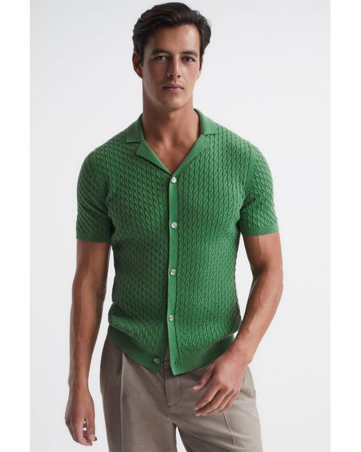 Reiss Green Grande - Emerald Grande Cable Knit Cuban Collar Button Through Shirt, L for men