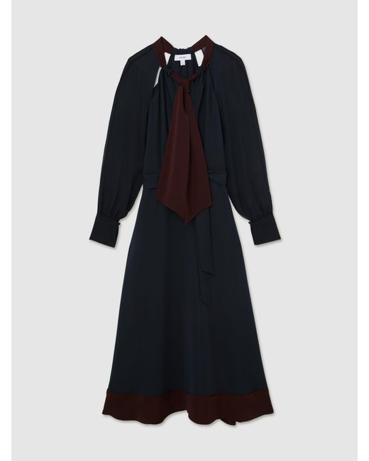 Reiss Black Burgundy Tie-Neck Belted Midi Dress