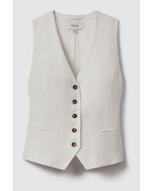 Reiss Natural Lori - White Viscose Linen Single Breasted Suit Waistcoat