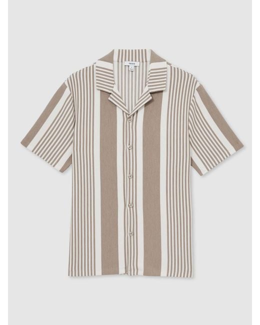 Reiss Natural Oatmeal & Stripe Ribbed Cuban Collar Shirt for men