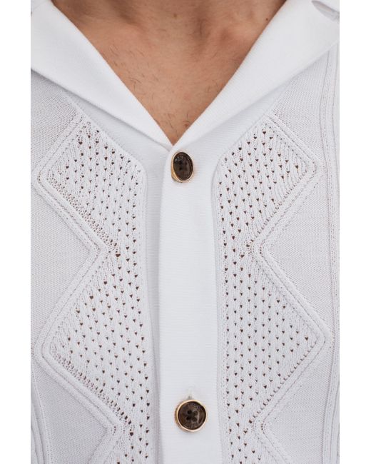 Reiss Fortune - White Cable Knit Cuban Collar Shirt, Xl for men