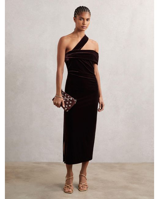 Reiss Black Velvet One-Shoulder Midi Dress