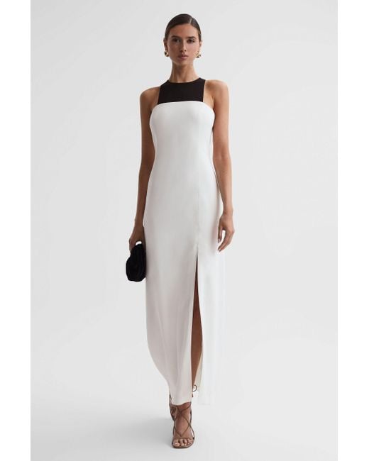 Reiss White Reya - Ivory Colourblock Fitted Maxi Dress