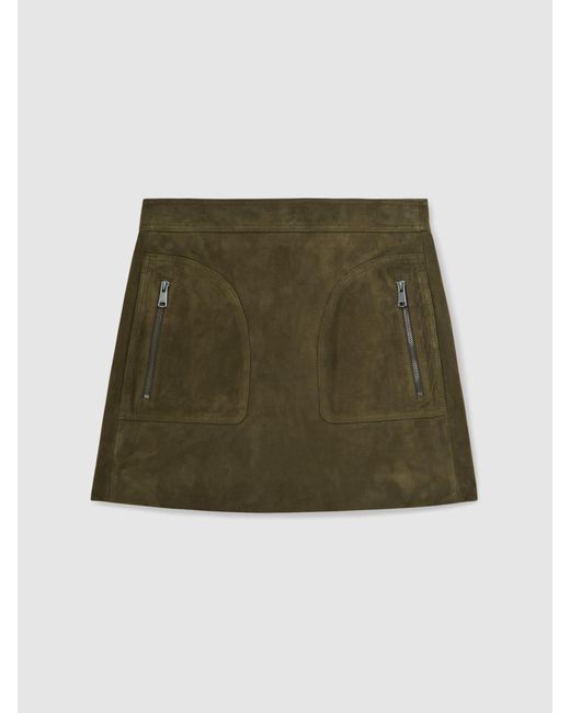 Reiss Multicolor Tate - Khaki Green Suede Zip-pocket Mini Skirt, Us 12