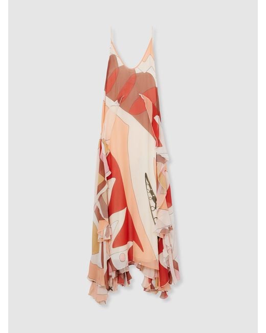 Reiss Multicolor Sasha - Cream/red Printed Ruffle Trim Maxi Dress, Us 0
