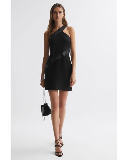 Halston Heritage Black One-shoulder Embellished Mini Dress