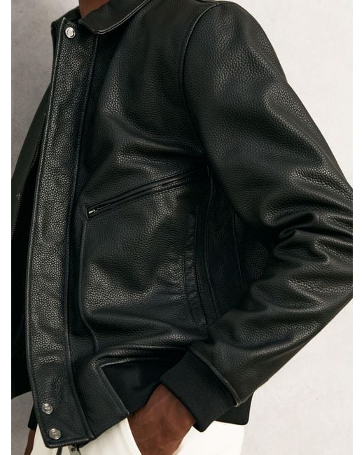 Reiss Black Grained Leather Zip Through Jacket for men